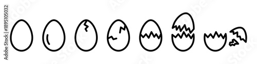 Egg icon set in outline style. Vector collection of whole, cracked and broken eggshell symbols representing egg stages, food concepts, cooking ingredients and farming themes. Isolated vector.