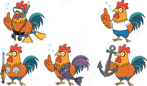 Cartoon rooster costumes, nautical beach theme, funny chicken characters, scuba diver artwork, sailor illustration, mermaid design, bikini rooster, anchor mascot