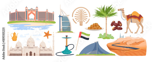 Collection of Dubai symbols including Burj Al Arab, Palm Jumeirah, camel, mosque, dates, hookah, and UAE flag isolated on white background vector illustration