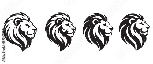 Four majestic lion head silhouettes in profile, stylized with bold black manes.