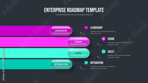 Creative Visualization 4 Step Diagram Slideshow Template. Market Introduction Four Element Infographic Slide Layout. Professional Portfolio Frame Design Vector Illustration.