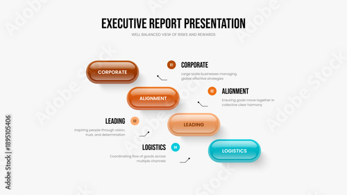 Professional Campaign Presentation Template Vector Illustration. Enterprise Report Four Element Diagram Slide Design. Creative Profile 4 Step Infographic Frame Layout.