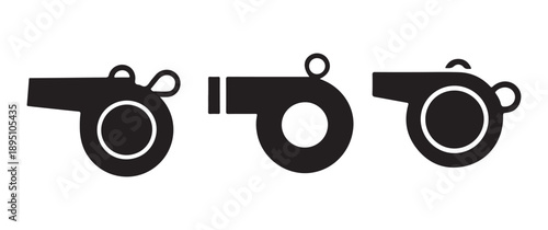 Set of three simple black whistle icons, representing sports and signals.