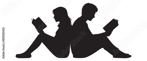 Silhouette of a man and woman reading books back-to-back, a peaceful moment.