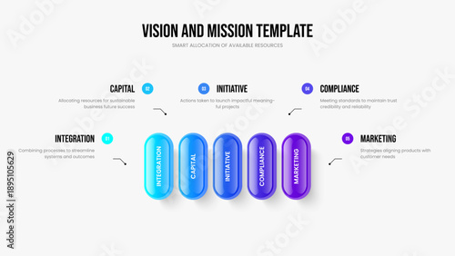 Company Briefing Slideshow Design Vector Illustration. Consulting Report 5 Element Diagram Slide Layout. Professional Portfolio Five Step Infographic Frame Template.