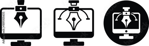 Digital design monitor icons, creative pen nib symbol, graphic illustration vector, automation design badge, robotic art concept, modern technology logo