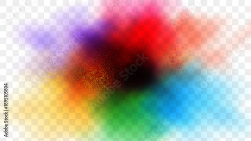 Happy Holi color powder explosion on transparent background. Abstract multicolor powder explosion isolated on clear background mask. 