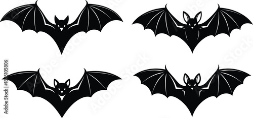 Halloween bat silhouettes, gothic flying bats, spooky nocturnal creatures, black bat icons, eerie vampire wings, horror design elements, scary night animals