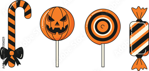 Halloween candy collection, spooky sweets, festive orange black treats, jack o lantern lollipop, striped candy cane, gothic confection, holiday dessert icons
