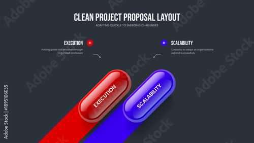 Investor Portfolio Presentation Design Vector Illustration. Market Strategy Two Option Diagram Slide Layout. Advertising Profile 2 Step Infographic Slideshow Template.