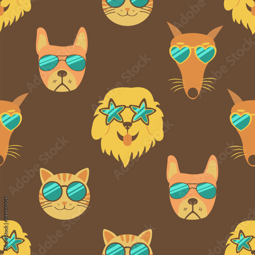 Spectacle pups and cats seamless pattern with retro heart and star sunglasses on cute animals. Vintage 70s fashion background vector flat design.