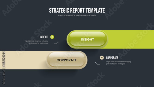Project Showcase Slide Template Vector Illustration. Enterprise Proposal 2 Option Diagram Slideshow Layout. Service Briefing Two Element Infographic Frame Design.