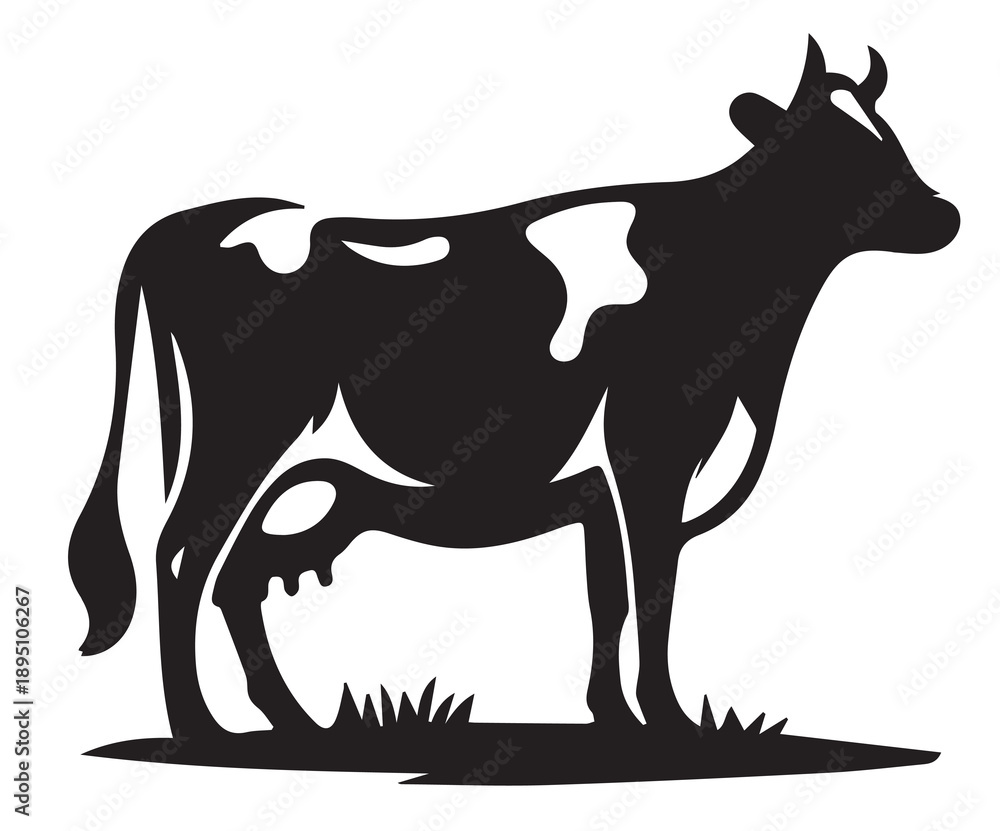 Obraz premium Black and White Cow Silhouette Standing on Grass Victor Art Illustration