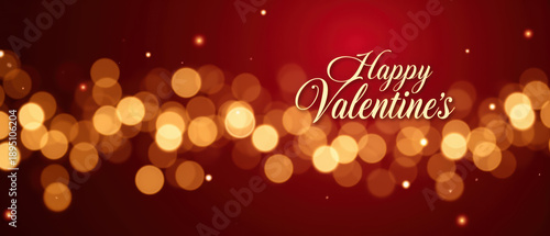 Happy Valentine Day with golden bokeh lights on red background creates romantic atmosphere