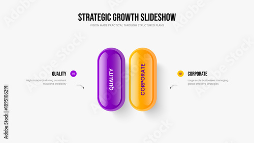 Consulting Development Two Option Diagram Presentation Template. Business Showcase 2 Step Infographic Slideshow Design. Advertising Visualization Slide Layout Vector Illustration.
