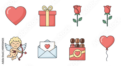Valentine's Day Icons: Heart, Rose, Cupid, Gift, Chocolate, Love Letter, Balloon