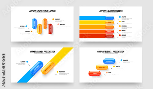 Product Solution 4 5 2 3 Step Infographic Slideshow Design Bundle. Modern Strategy Four Five Two Three Option Diagram Slide Layout Vector Illustration Set.