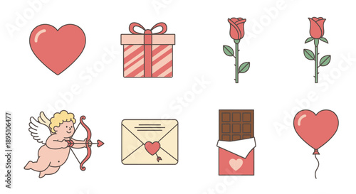 Valentine's Day Icons: Cupid, Heart, Rose, Gift, Chocolate, Envelope, Balloon