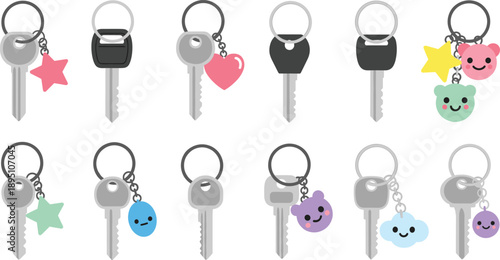 Cute Keychain And House Keys Set With Colorful Smiling Cartoon Charms Flat Vector Illustration