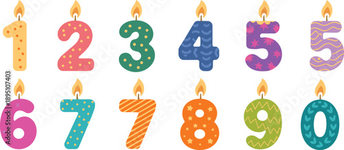 Birthday number candles, colorful digits 0 to 9, lit flames, party decoration, festive cake topper, celebration accessory, kids birthday, wax numbers, vibrant patterns, fun decor, cheerful design,