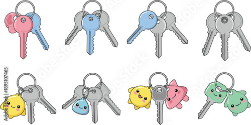 Cute Keychain And House Keys Set With Smiling Cartoon Charms Flat Vector Illustration