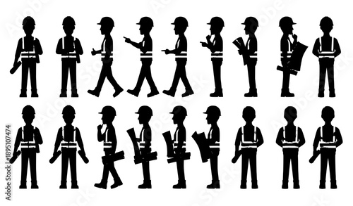 Construction engineer character animation vector set isolated