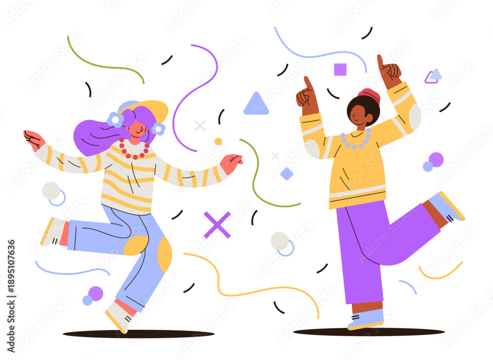 Fototapeta premium People celebrating Fire Horse 2026 joyful dance festive confetti abstract shapes colorful outfits modern flat style white background