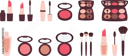 Makeup Cosmetics Collection With Lipstick Mascara Blush Eyeshadow And Beauty Tools Flat Vector Illustration