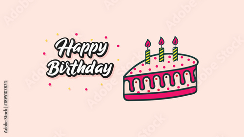 Colorful happy birthday cake illustration with pastel icing and candles