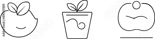 Three apple-themed illustrations, apple, illustration, smiling, plant, pot, happy, face, bite, surprised, confused, sprout, grow, fruit, nature, simple, minimalist, black and white