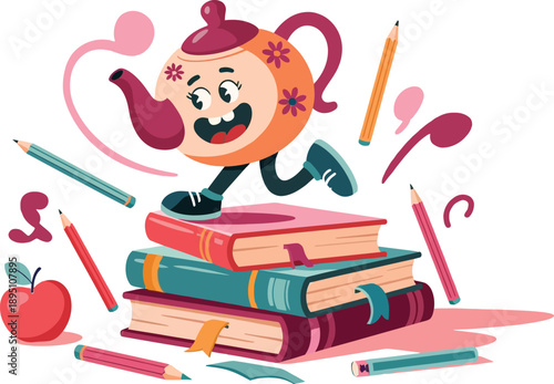 Teapot character engaged in learning, teapot, character, learning, books, pencils, pencil sharpener, apple, musical note, education, school, joy, celebration