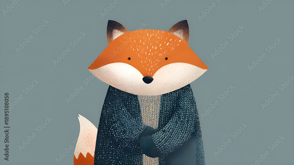 Fototapeta premium Cute fox character wearing warm knitted sweater