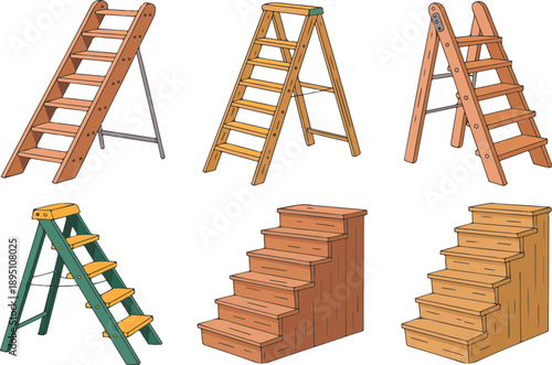 Wooden Stairs and Step Ladders  Domestic and Construction Vector Set