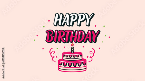 Vibrant hand drawn happy birthday scene with pink cake and candles on light background