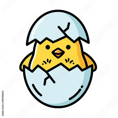 A cute cartoon chick hatching from a cracked blue eggshell, with yellow fluff and a small orange beak.