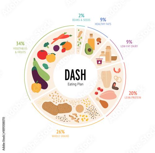 DASH diet and healthy lifestyle infographic. Food plate vector flat illustration. Symbols of various food groups in circle shape frame. Percent of serving. Design for health and nutritional education.