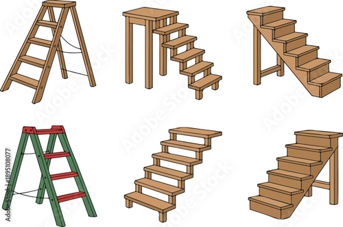 Wooden Stairs and Step Ladders  Domestic and Construction Vector Set