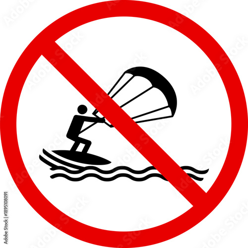 No kitesurfing sign prohibition symbol of water sport with person on board and kite isolated on white background