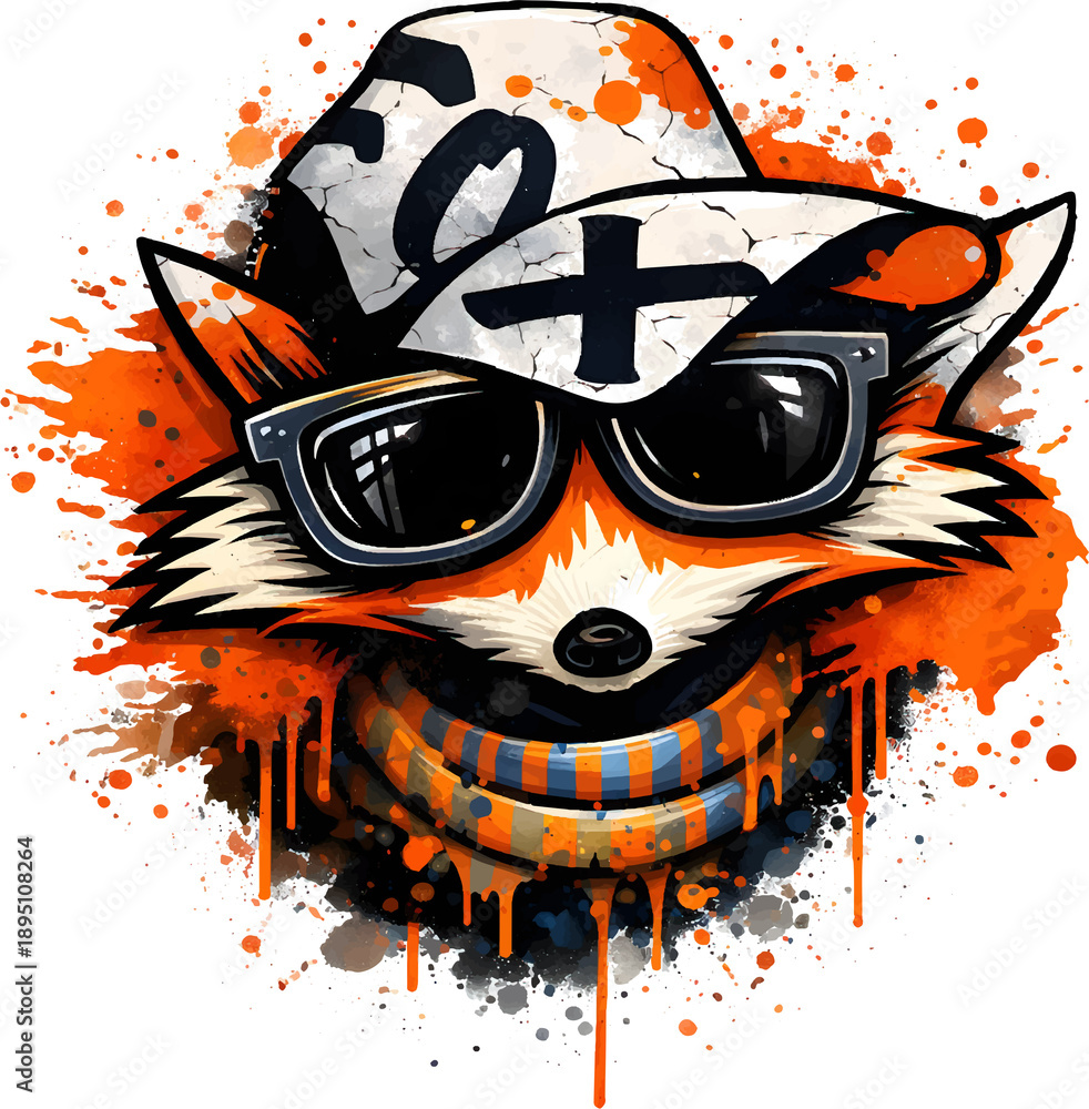 Obraz premium Cooler Fuchs mit Sonnenbrille und Kappe im urbanen Graffiti-Stil als moderne Illustration