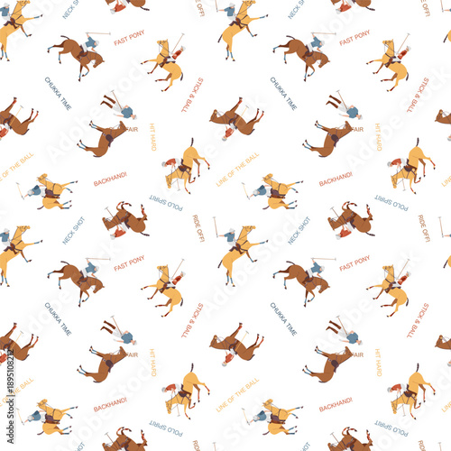 Seamless pattern with polo players on horses and game-related phrases on white background