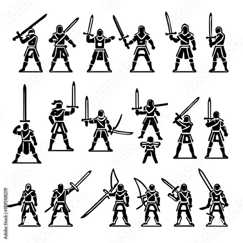 Medieval Knights Silhouette Icons With Swords Vector