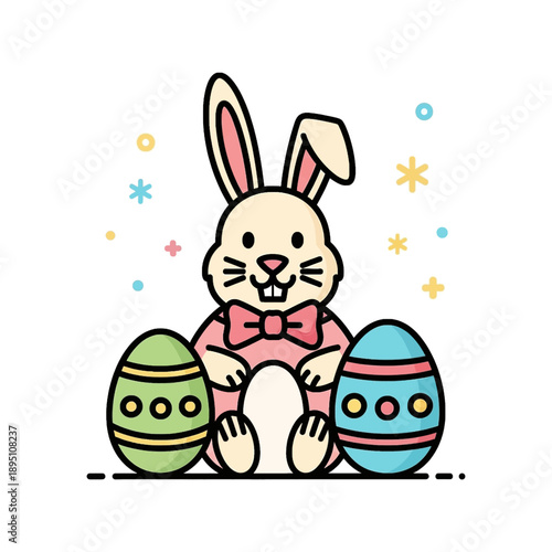 A cute cartoon Easter bunny with a pink bow tie sits between two decorated Easter eggs, surrounded by colorful confetti.