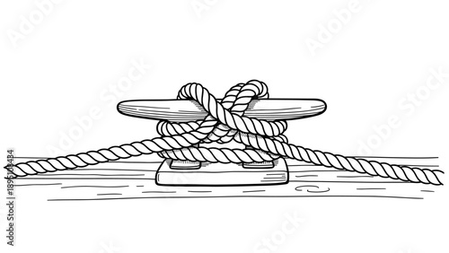 Nautical rope on cleat: black and white nautical drawing for marine enthusiasts