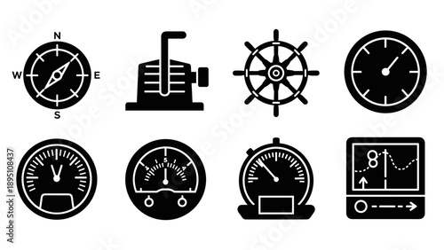 Set of nautical and machinery icons in black silhouette for navigation and engineering themes