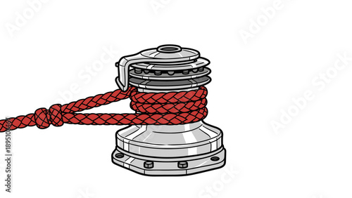 Detailed nautical winch with red rope on white background