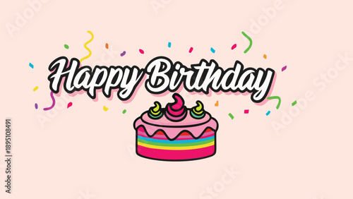 Colorful rainbow layer cake with pink frosting and confetti for birthday