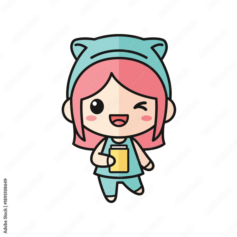 Fototapeta premium Cartoon girl in cat costume holding coffee cup in kawaii style with pastel colors and soft lighting for childrens illustration