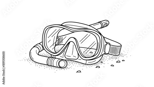 Detailed snorkeling gear on sand with snorkel and mask in black and white