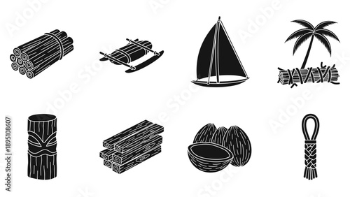 Polynesian symbols collection featuring canoe, palm tree, and tiki mask in black silhouette style