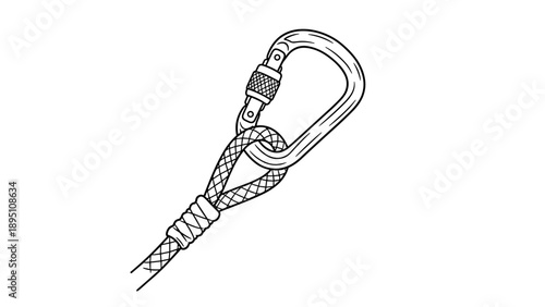 Detailed linear drawing of carabiner clipped to rope for climbing and safety gear